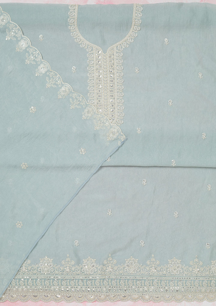 Sea Green Pearlwork Soft Raw Silk Unstitched Salwar Suit