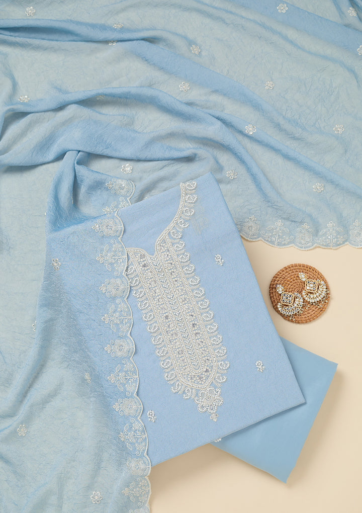 Sky Blue Soft Raw Silk Pearlwork Unstitched Dress Material With Matching Bottom And Dupatta