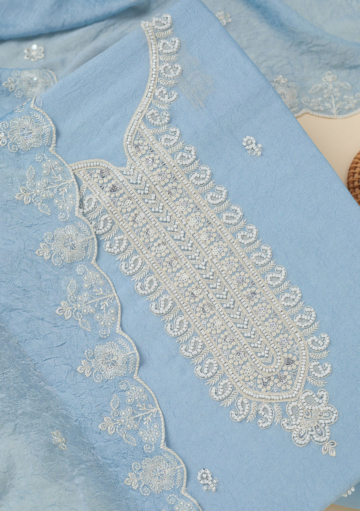 Sky Blue Soft Raw Silk Pearlwork Unstitched Dress Material With Matching Bottom And Dupatta