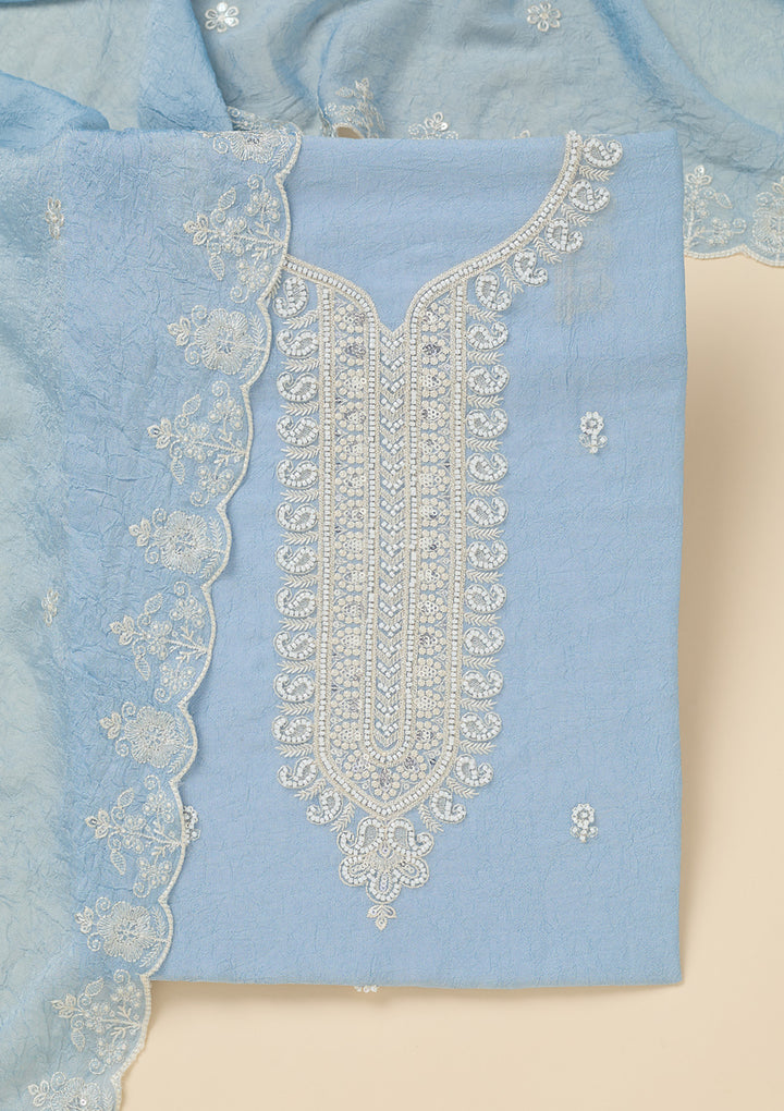 Sky Blue Soft Raw Silk Pearlwork Unstitched Dress Material With Matching Bottom And Dupatta