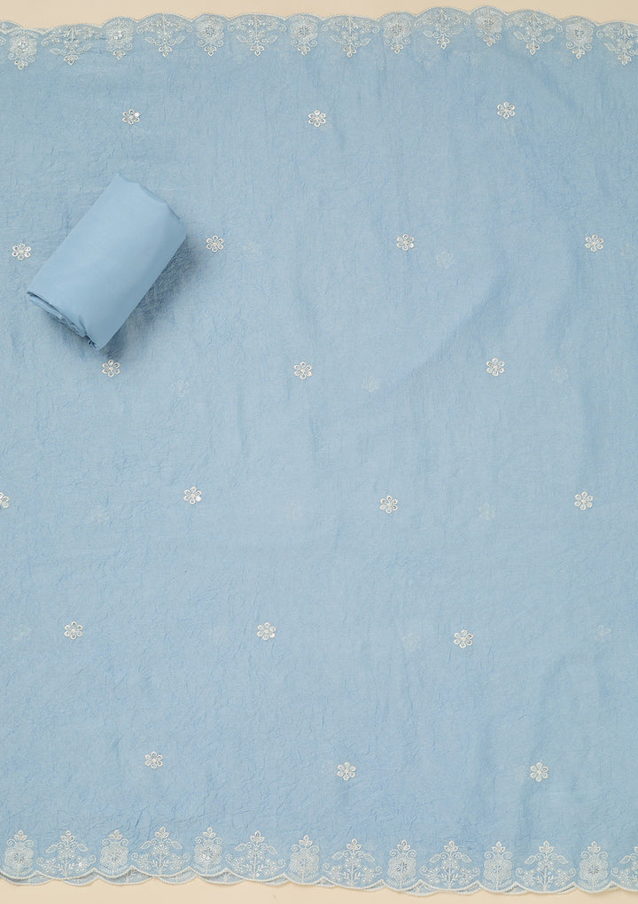 Sky Blue Soft Raw Silk Pearlwork Unstitched Dress Material With Matching Bottom And Dupatta