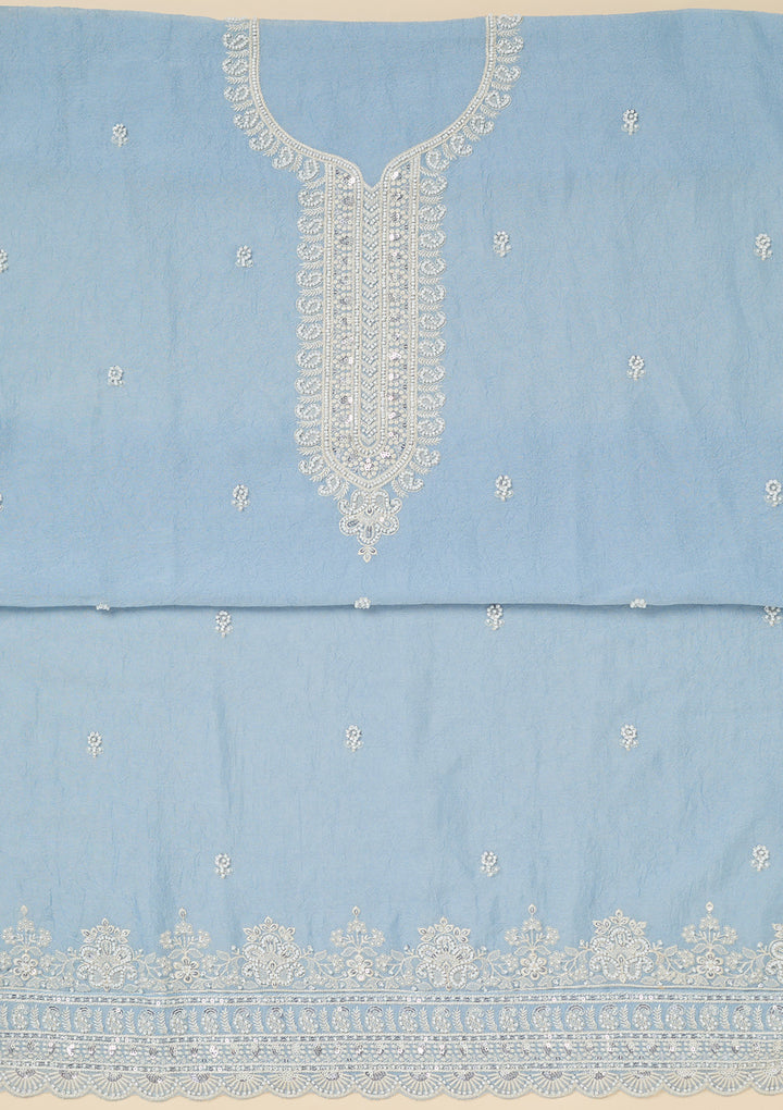 Sky Blue Soft Raw Silk Pearlwork Unstitched Dress Material With Matching Bottom And Dupatta