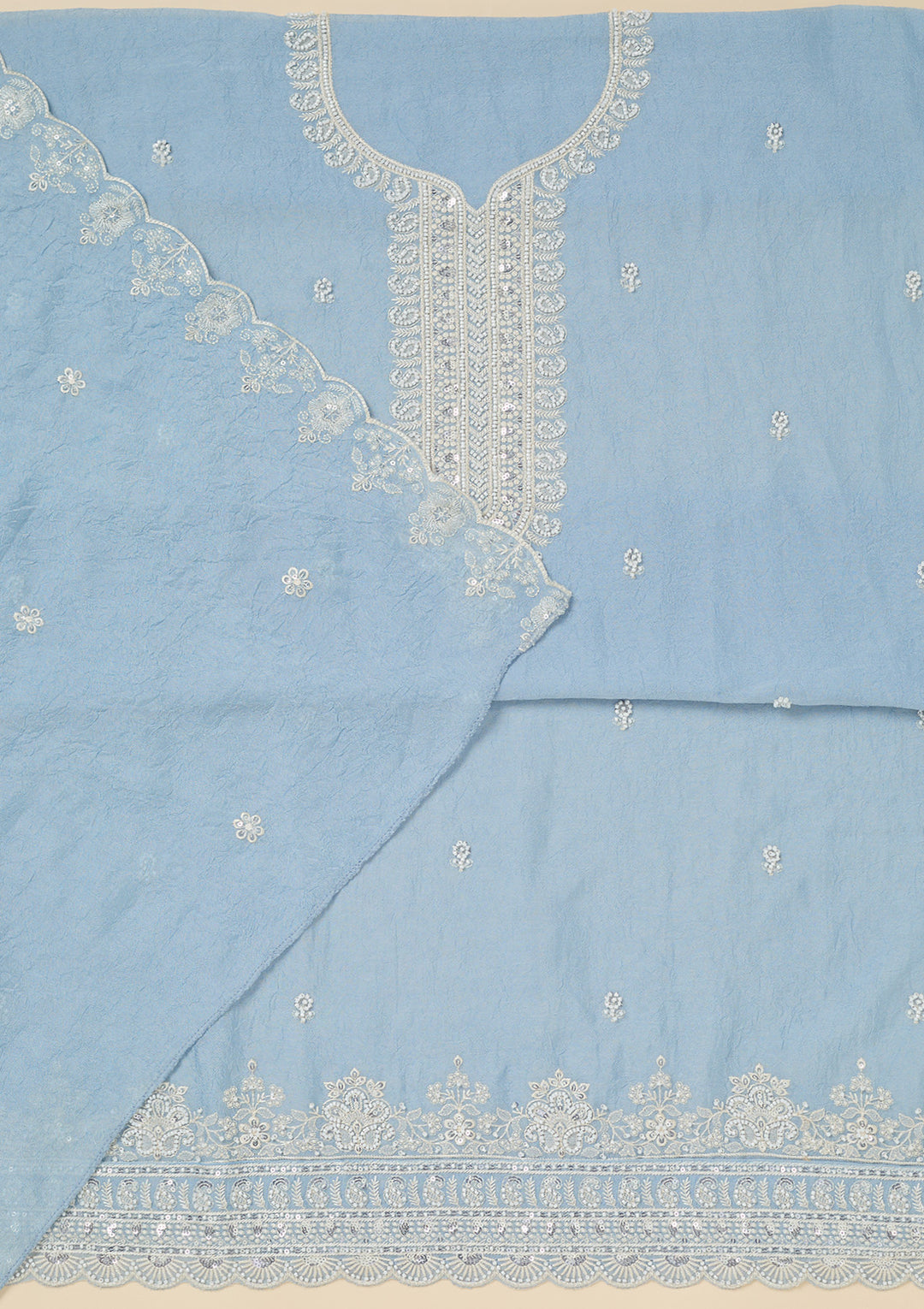 Sky Blue Soft Raw Silk Pearlwork Unstitched Dress Material With Matching Bottom And Dupatta