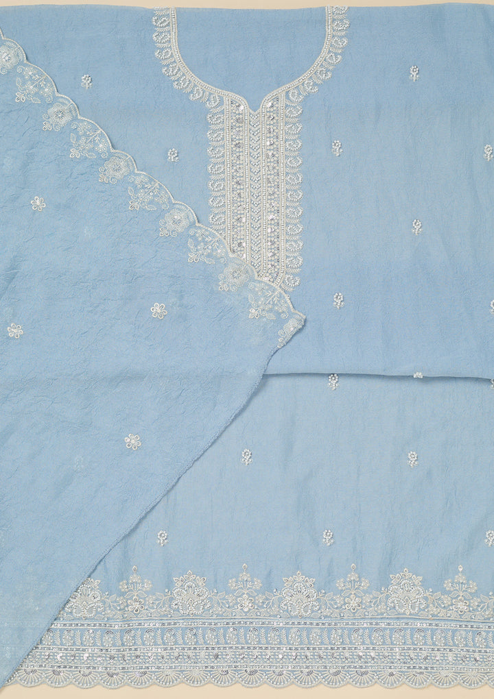 Sky Blue Soft Raw Silk Pearlwork Unstitched Dress Material With Matching Bottom And Dupatta