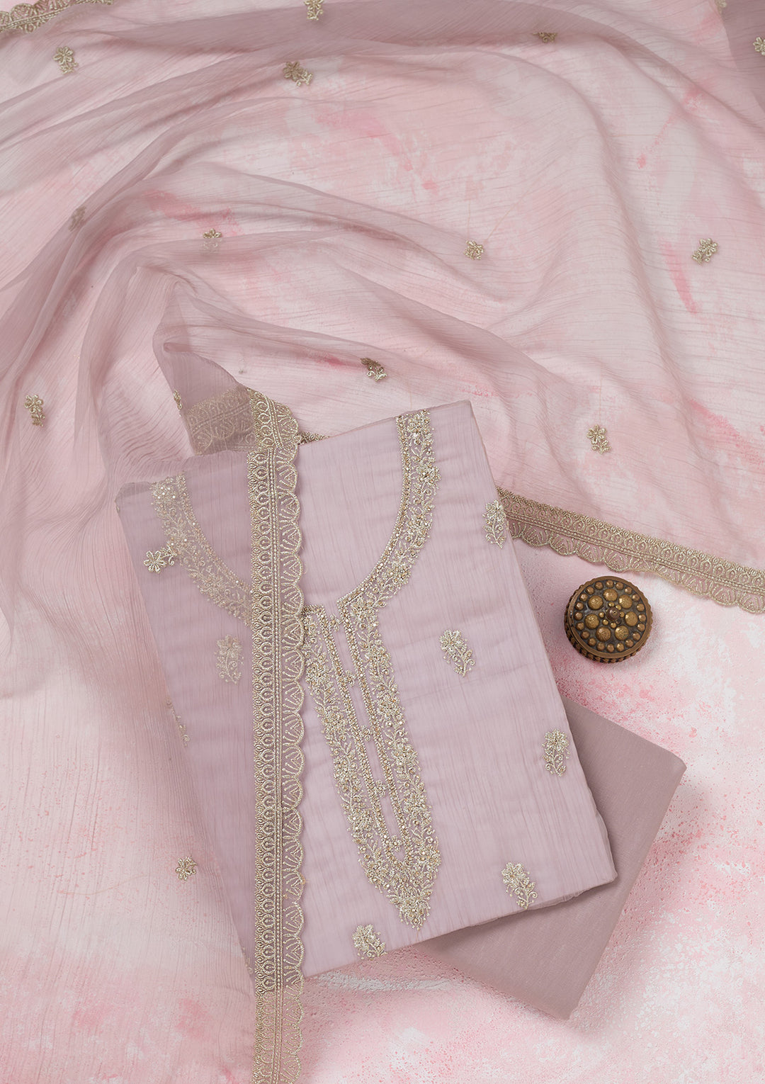 Lavender Chiffon Gold Zariwork Unstitched Dress Material With Matching Bottom And Dupatta