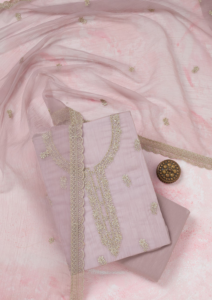 Lavender Chiffon Gold Zariwork Unstitched Dress Material With Matching Bottom And Dupatta