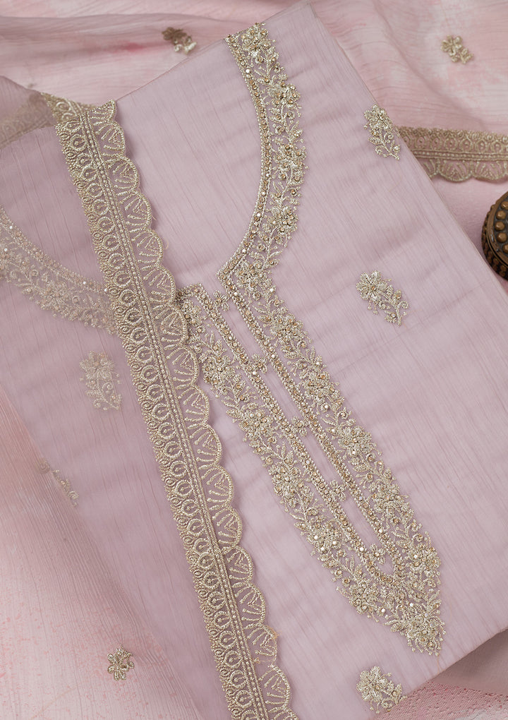 Lavender Chiffon Gold Zariwork Unstitched Dress Material With Matching Bottom And Dupatta