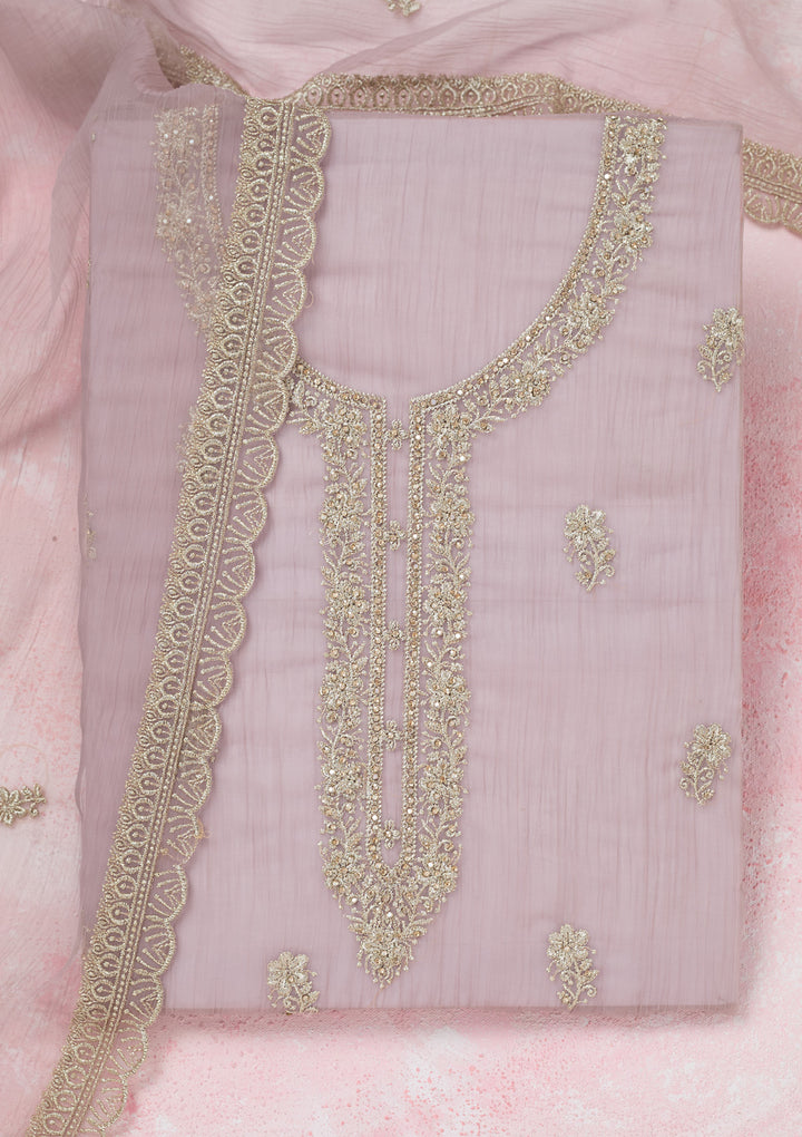 Lavender Chiffon Gold Zariwork Unstitched Dress Material With Matching Bottom And Dupatta