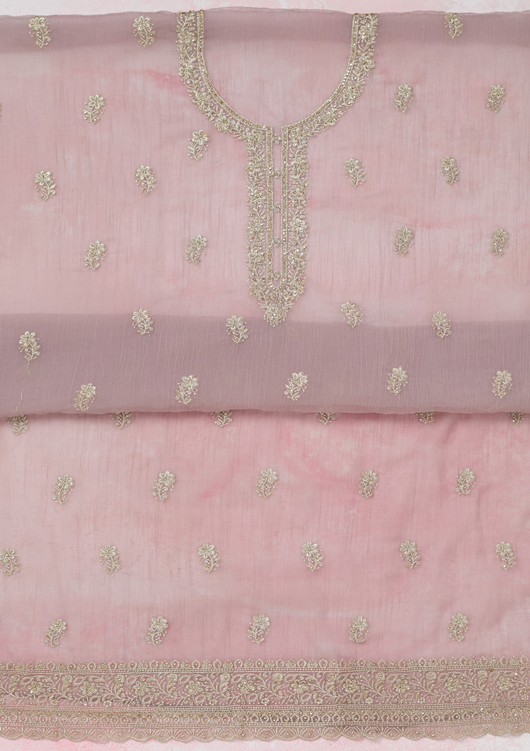 Lavender Chiffon Gold Zariwork Unstitched Dress Material With Matching Bottom And Dupatta