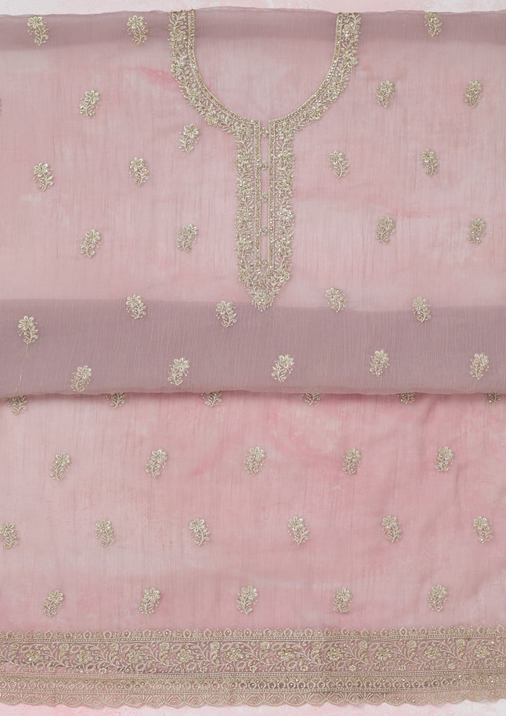 Lavender Chiffon Gold Zariwork Unstitched Dress Material With Matching Bottom And Dupatta