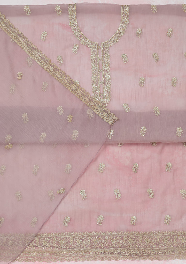 Lavender Chiffon Gold Zariwork Unstitched Dress Material With Matching Bottom And Dupatta