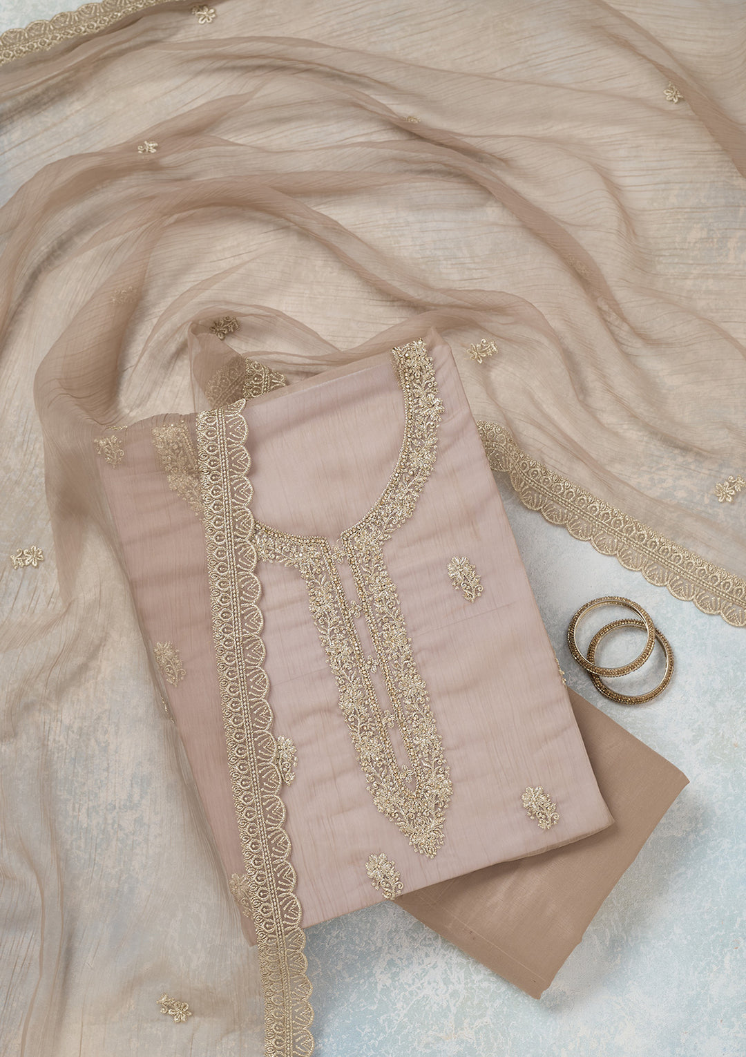 Light Brown Chiffon Gold Zariwork Unstitched Dress Material With Matching Bottom And Dupatta