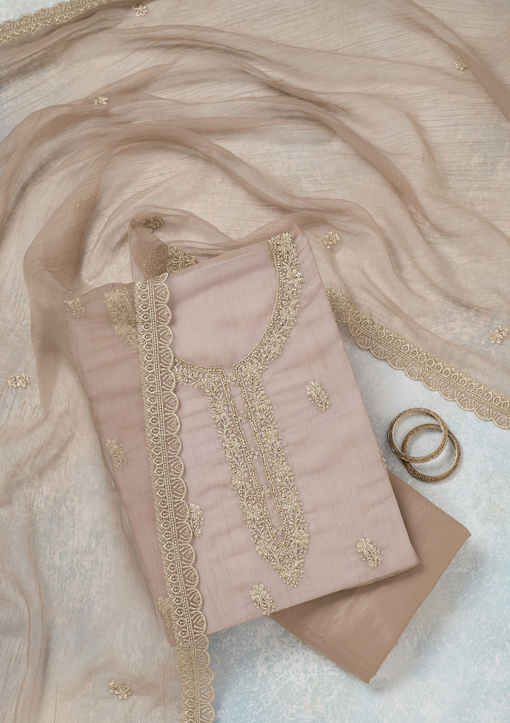 Light Brown Chiffon Gold Zariwork Unstitched Dress Material With Matching Bottom And Dupatta