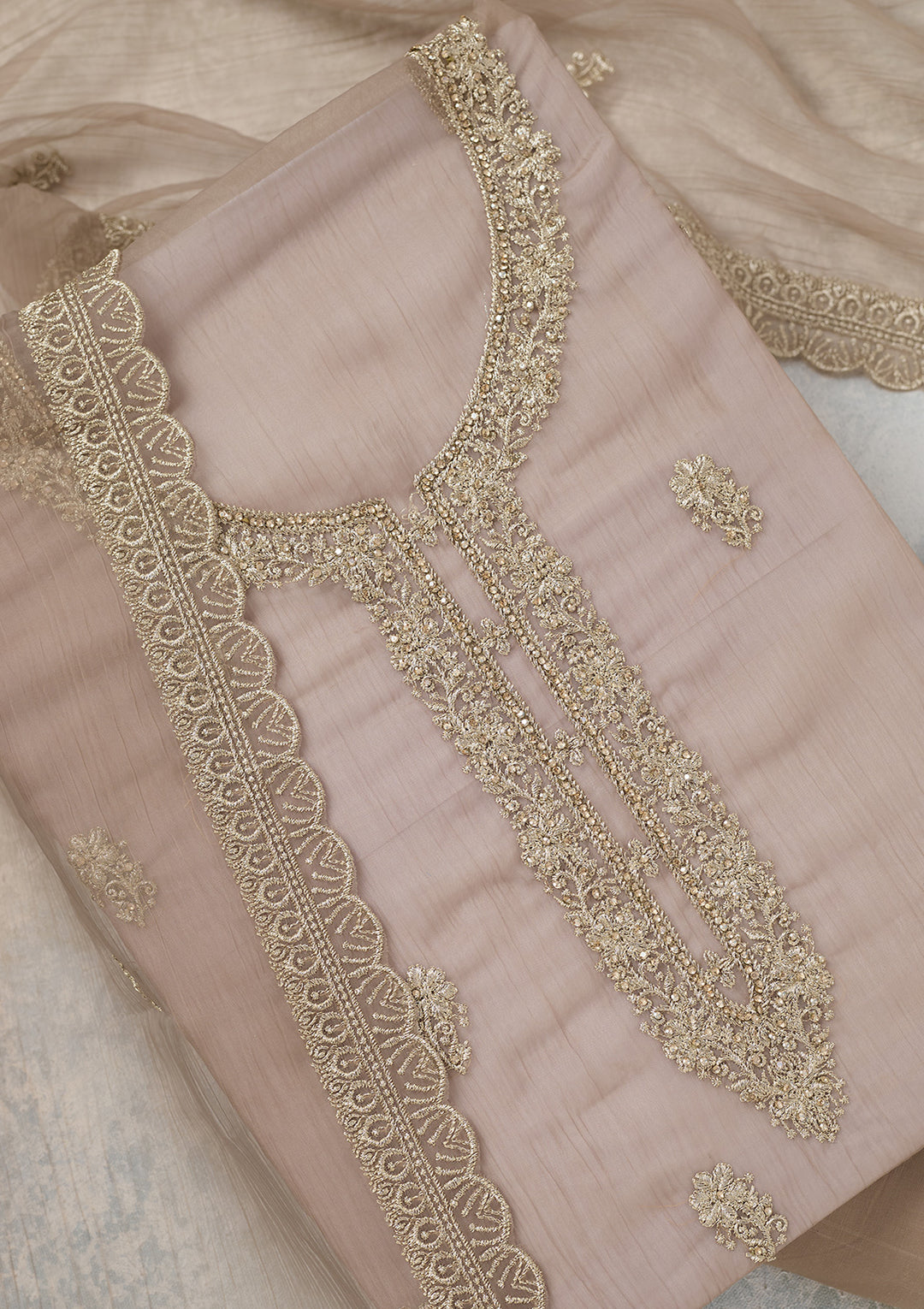 Light Brown Chiffon Gold Zariwork Unstitched Dress Material With Matching Bottom And Dupatta