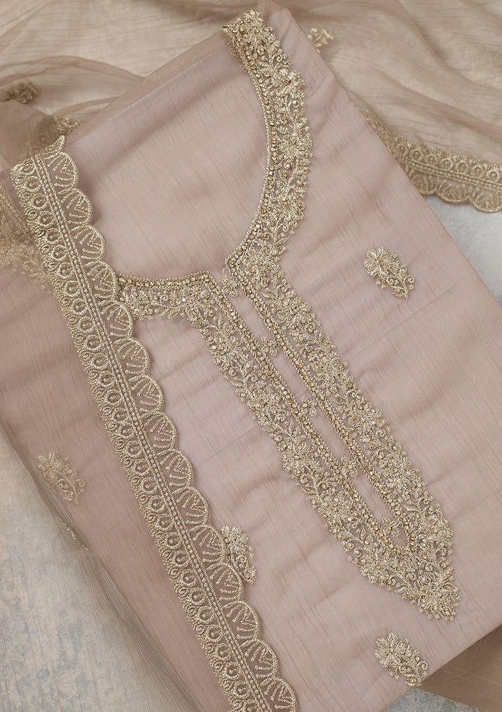 Light Brown Chiffon Gold Zariwork Unstitched Dress Material With Matching Bottom And Dupatta