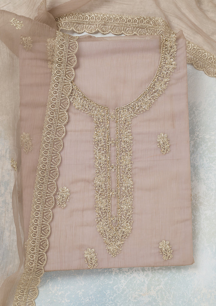 Light Brown Chiffon Gold Zariwork Unstitched Dress Material With Matching Bottom And Dupatta