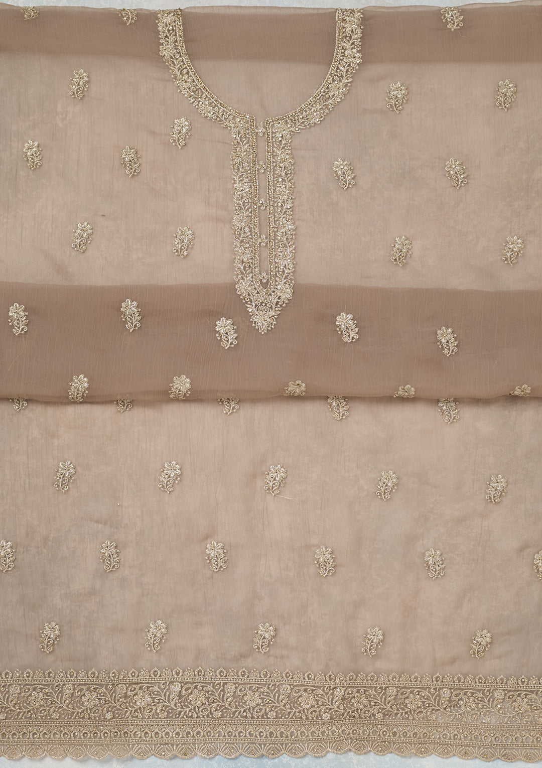 Light Brown Chiffon Gold Zariwork Unstitched Dress Material With Matching Bottom And Dupatta