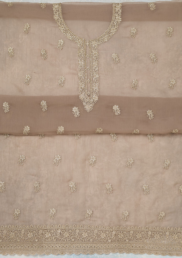 Light Brown Chiffon Gold Zariwork Unstitched Dress Material With Matching Bottom And Dupatta