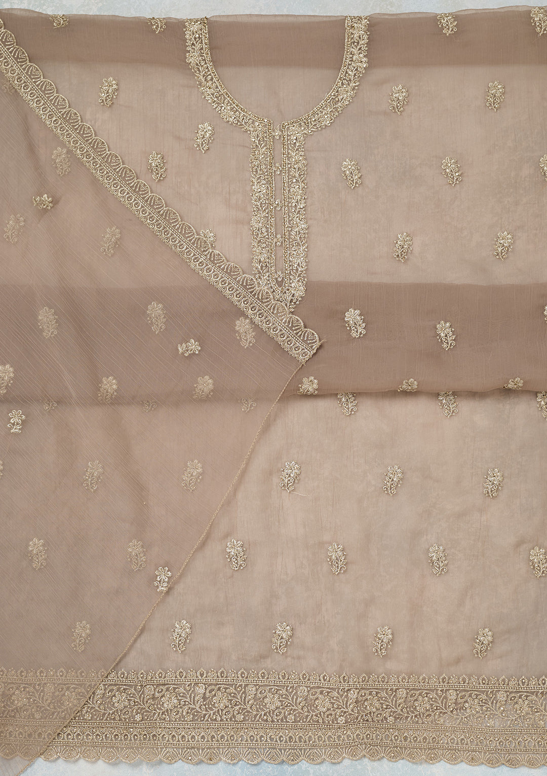 Light Brown Chiffon Gold Zariwork Unstitched Dress Material With Matching Bottom And Dupatta