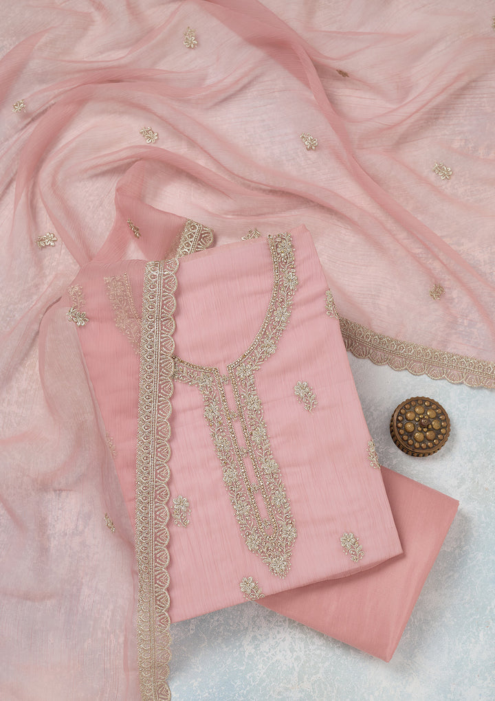 Pink Chiffon Gold Zariwork Unstitched Dress Material With Matching Bottom And Dupatta