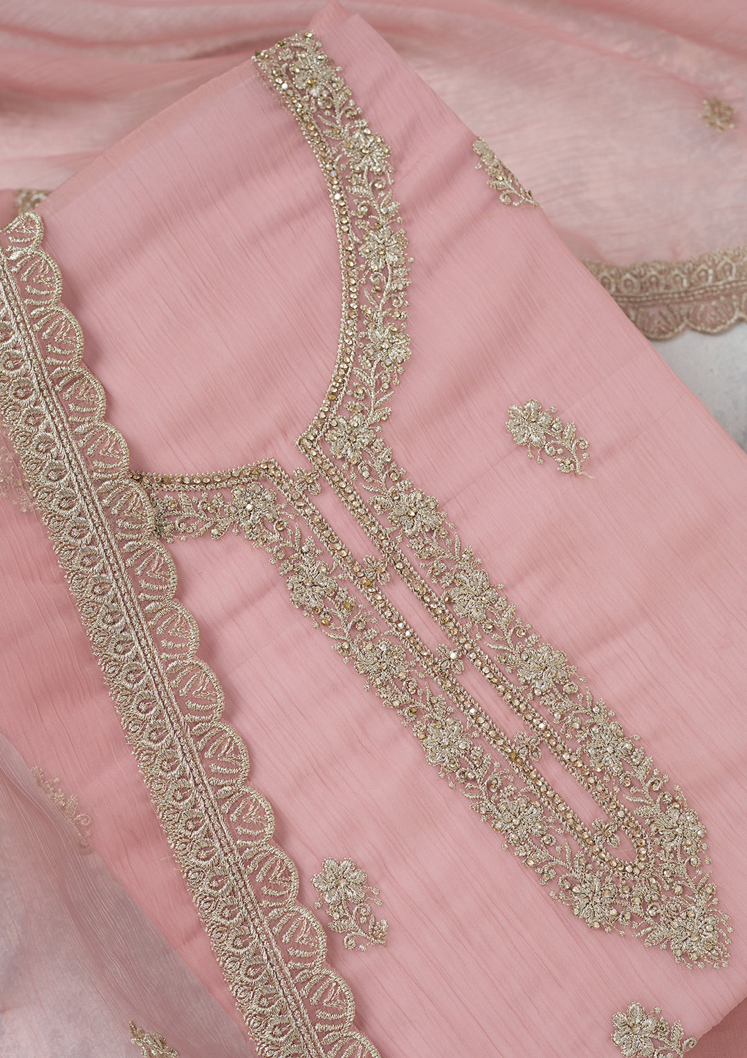 Pink Chiffon Gold Zariwork Unstitched Dress Material With Matching Bottom And Dupatta