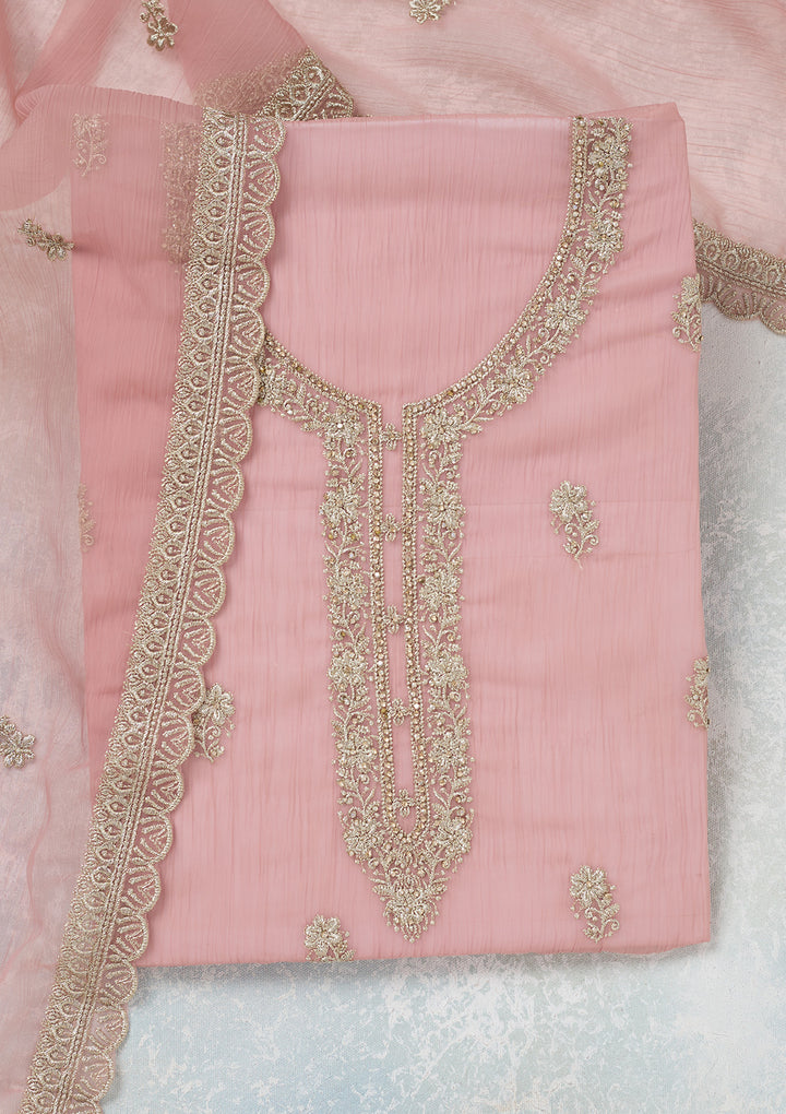 Pink Chiffon Gold Zariwork Unstitched Dress Material With Matching Bottom And Dupatta