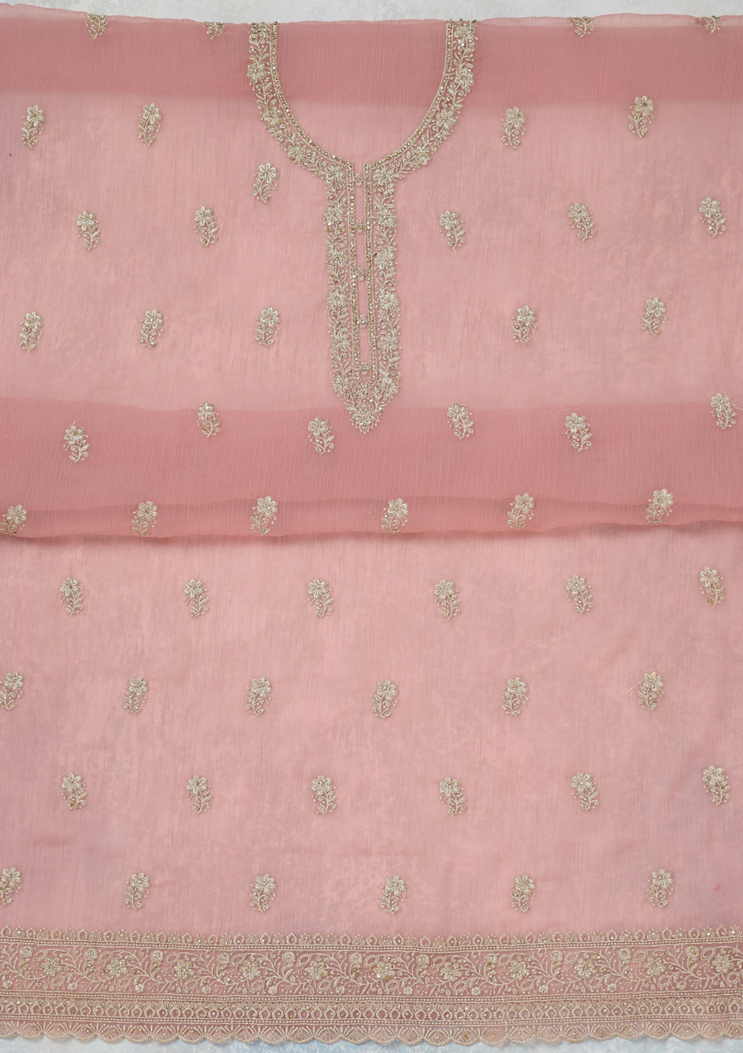 Pink Chiffon Gold Zariwork Unstitched Dress Material With Matching Bottom And Dupatta