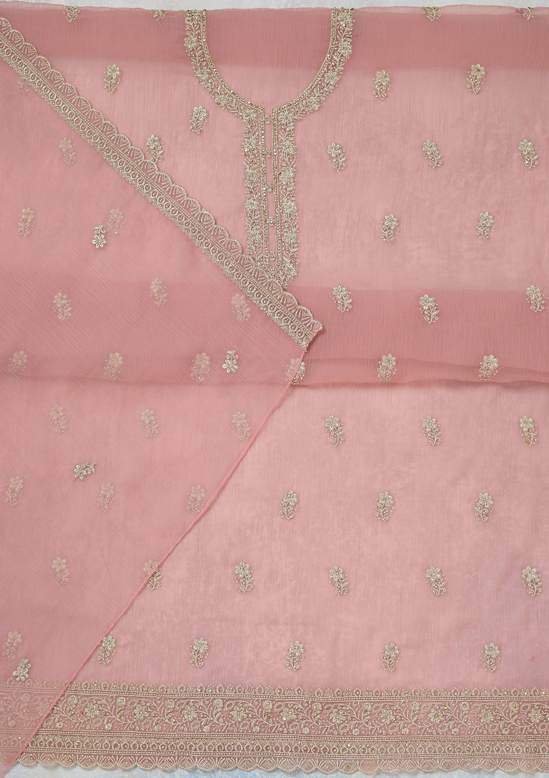 Pink Chiffon Gold Zariwork Unstitched Dress Material With Matching Bottom And Dupatta