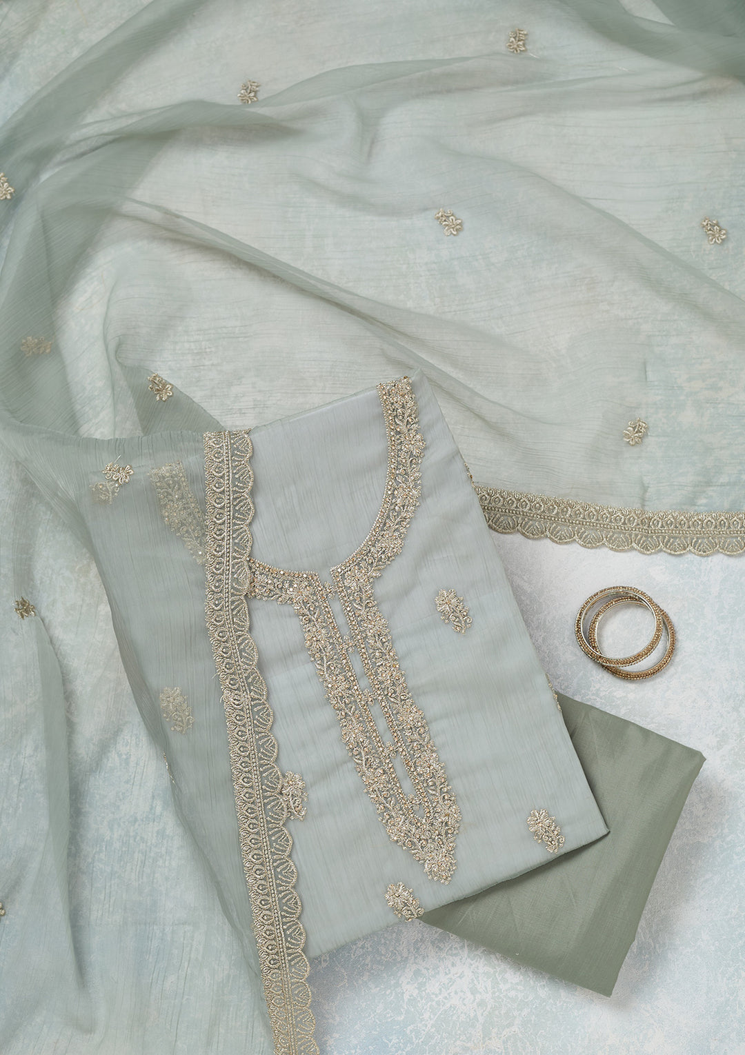 Sea Green Chiffon Gold Zariwork Unstitched Dress Material With Matching Bottom And Dupatta