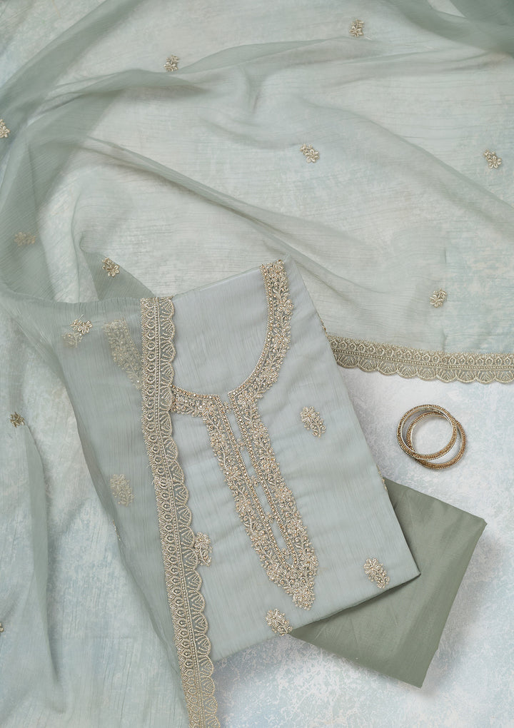 Sea Green Chiffon Gold Zariwork Unstitched Dress Material With Matching Bottom And Dupatta