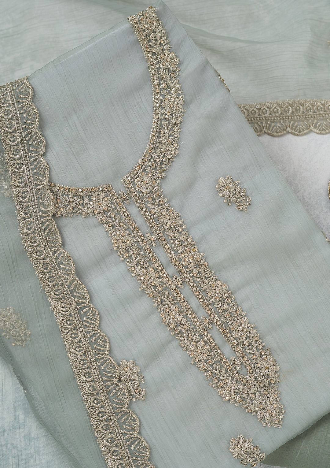 Sea Green Chiffon Gold Zariwork Unstitched Dress Material With Matching Bottom And Dupatta
