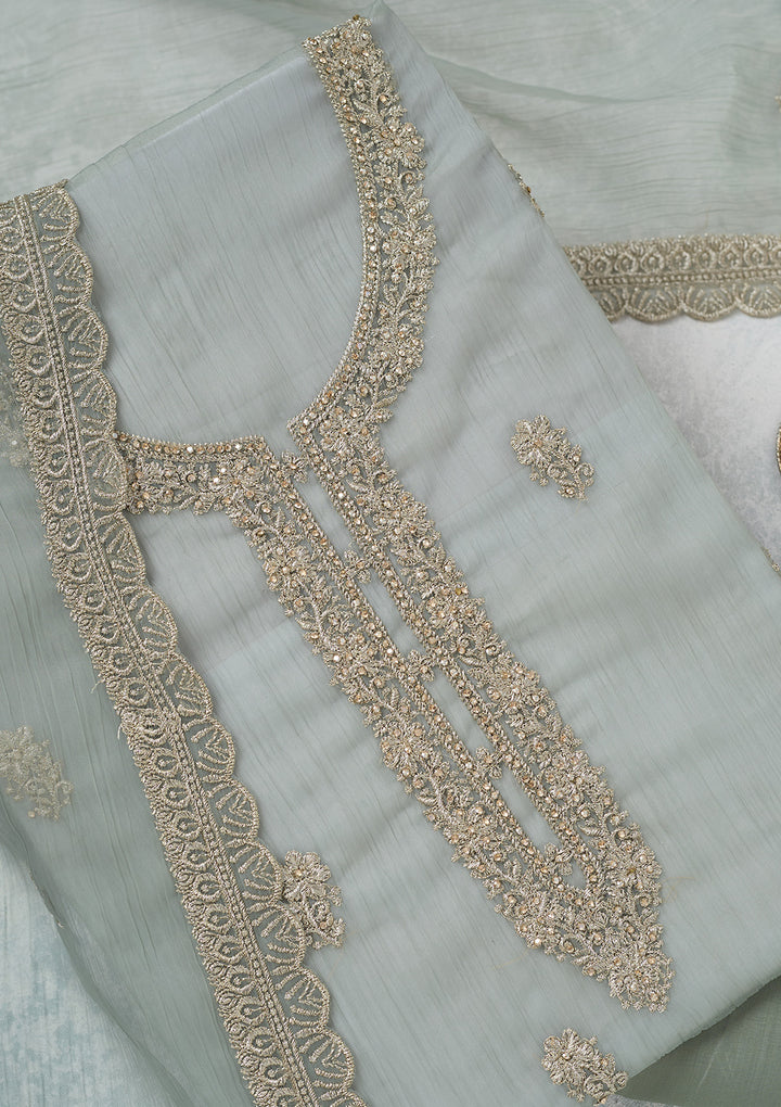 Sea Green Chiffon Gold Zariwork Unstitched Dress Material With Matching Bottom And Dupatta