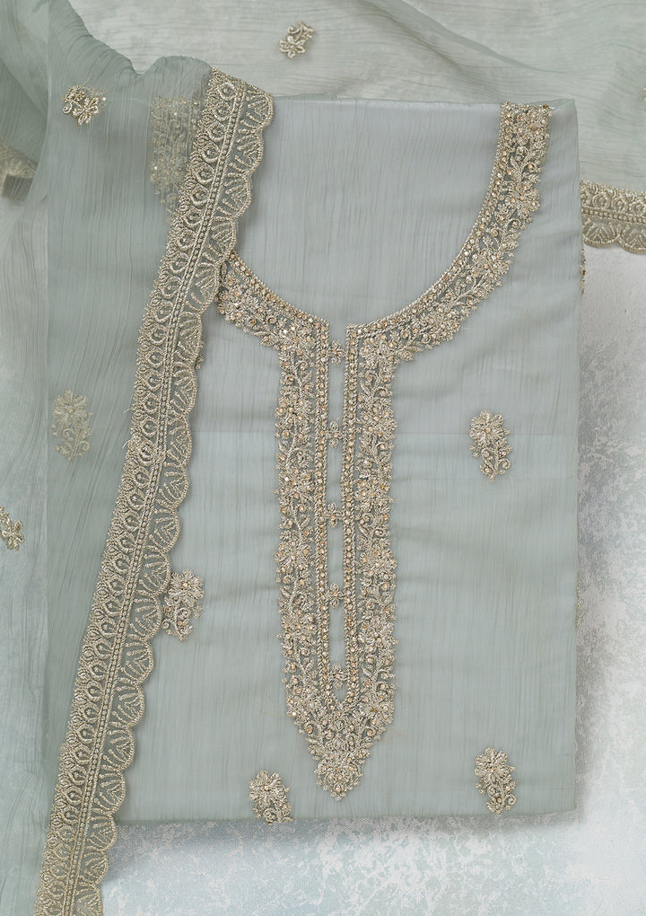 Sea Green Chiffon Gold Zariwork Unstitched Dress Material With Matching Bottom And Dupatta