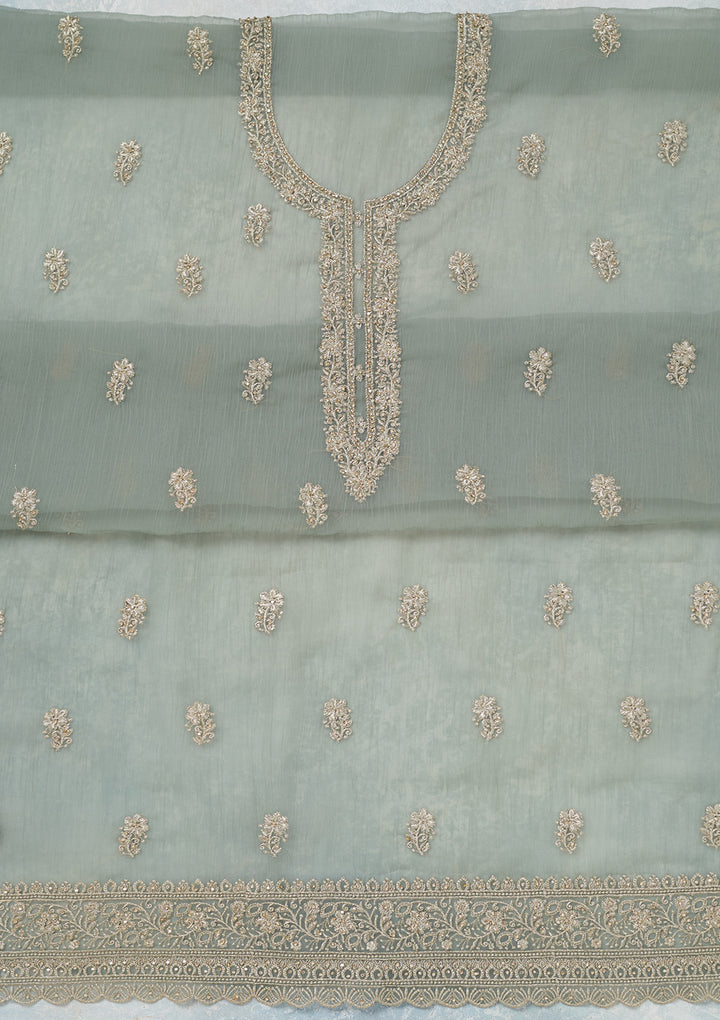Sea Green Chiffon Gold Zariwork Unstitched Dress Material With Matching Bottom And Dupatta