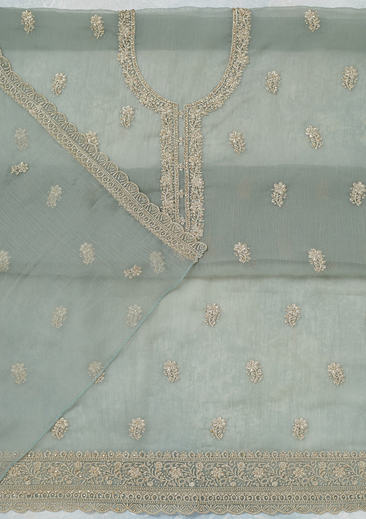 Sea Green Chiffon Gold Zariwork Unstitched Dress Material With Matching Bottom And Dupatta