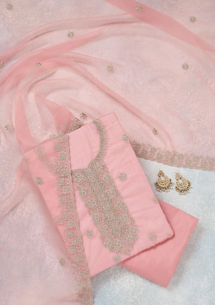 Pink Chinon Gold Zariwork Unstitched Dress Material With Matching Bottom And Dupatta