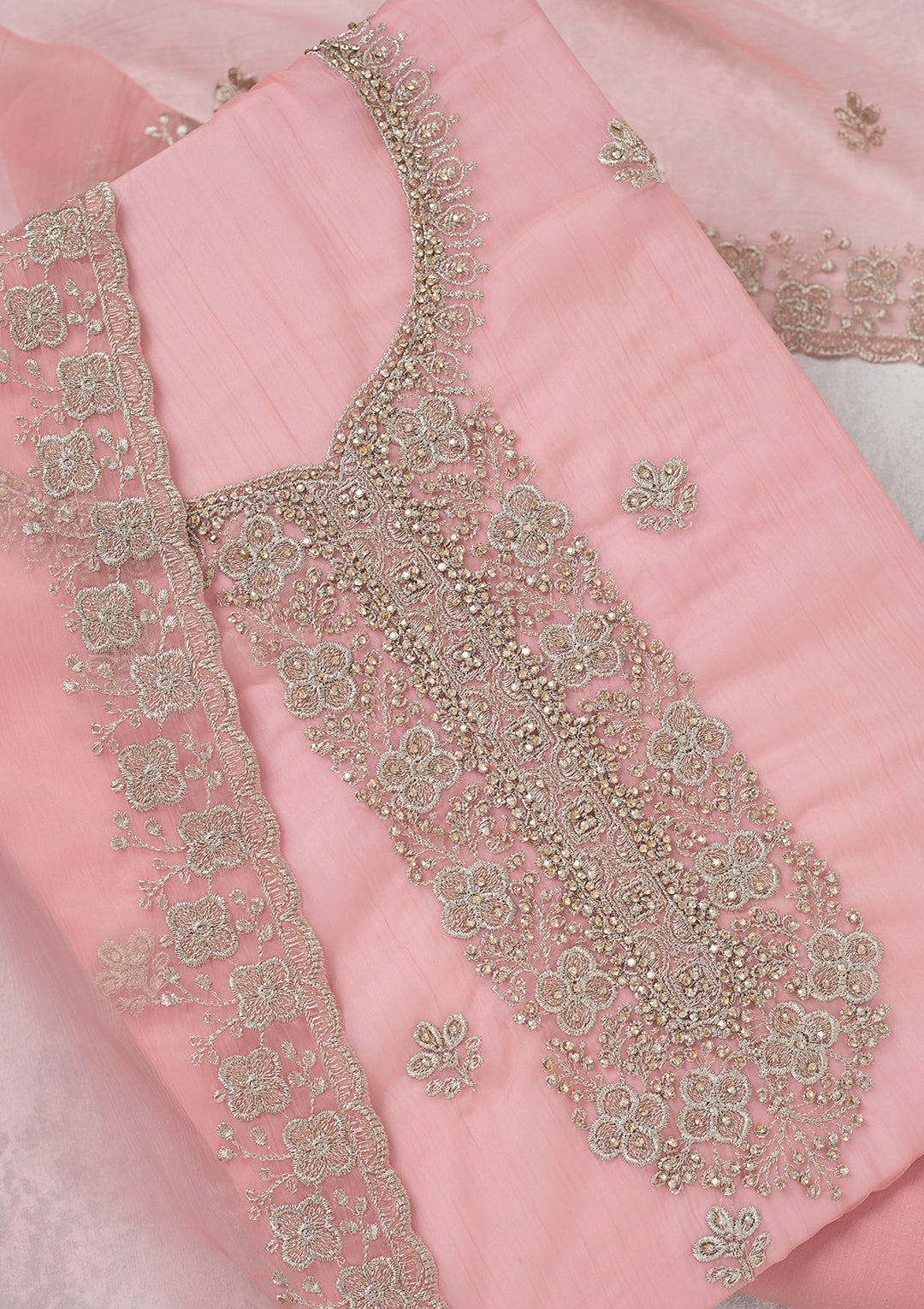 Pink Chinon Gold Zariwork Unstitched Dress Material With Matching Bottom And Dupatta