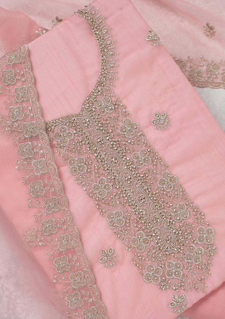 Pink Chinon Gold Zariwork Unstitched Dress Material With Matching Bottom And Dupatta