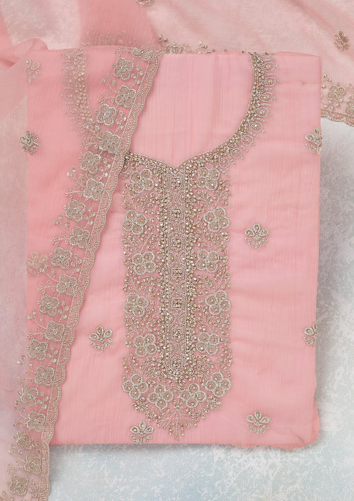 Pink Chinon Gold Zariwork Unstitched Dress Material With Matching Bottom And Dupatta