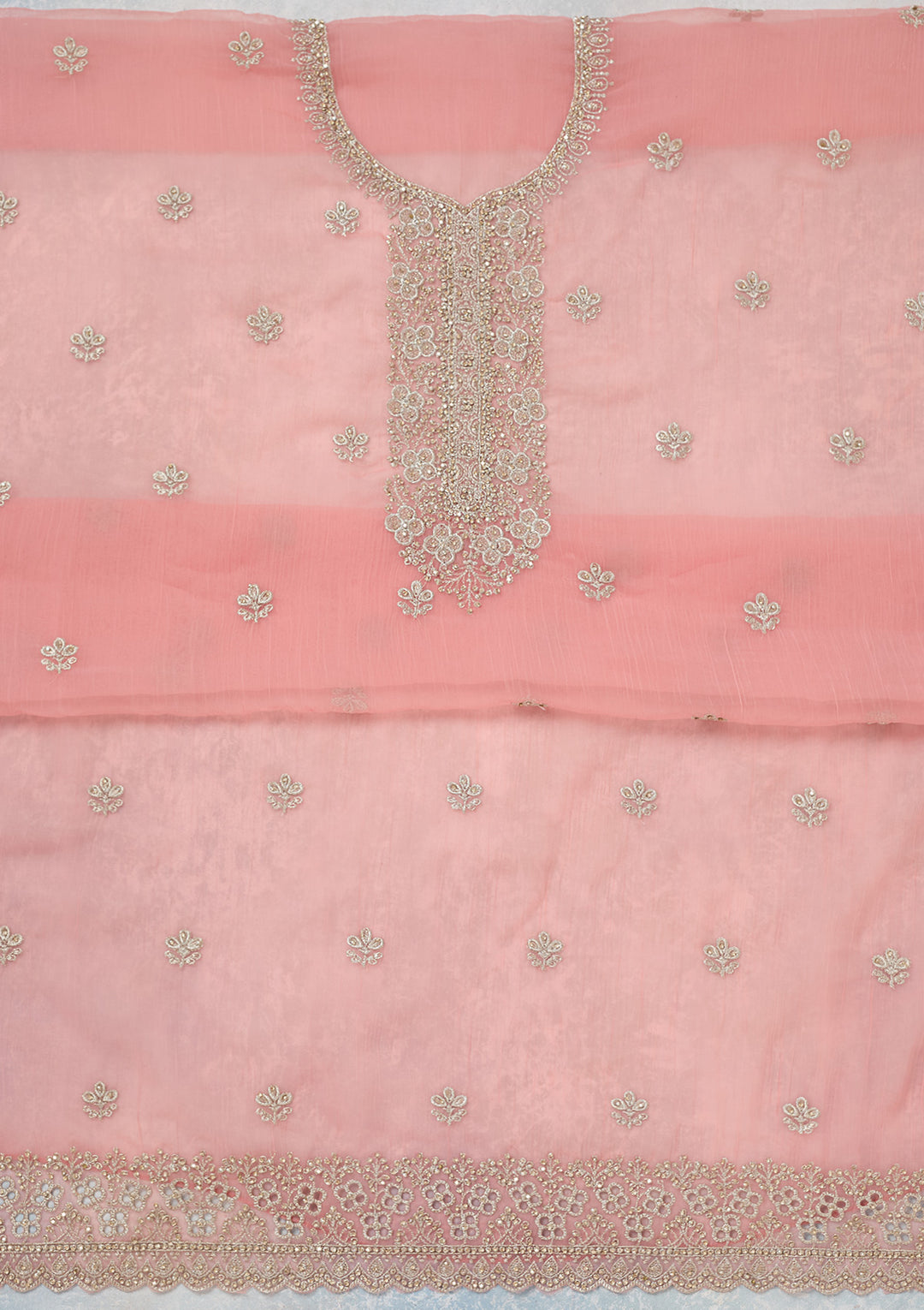 Pink Chinon Gold Zariwork Unstitched Dress Material With Matching Bottom And Dupatta