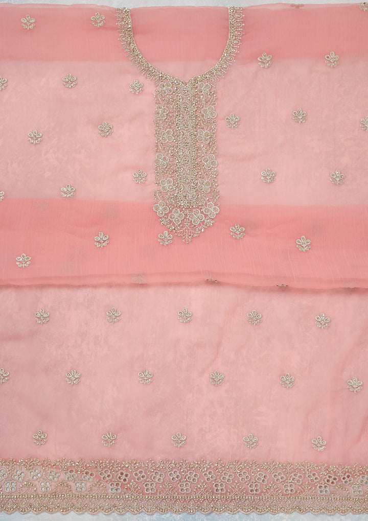 Pink Chinon Gold Zariwork Unstitched Dress Material With Matching Bottom And Dupatta