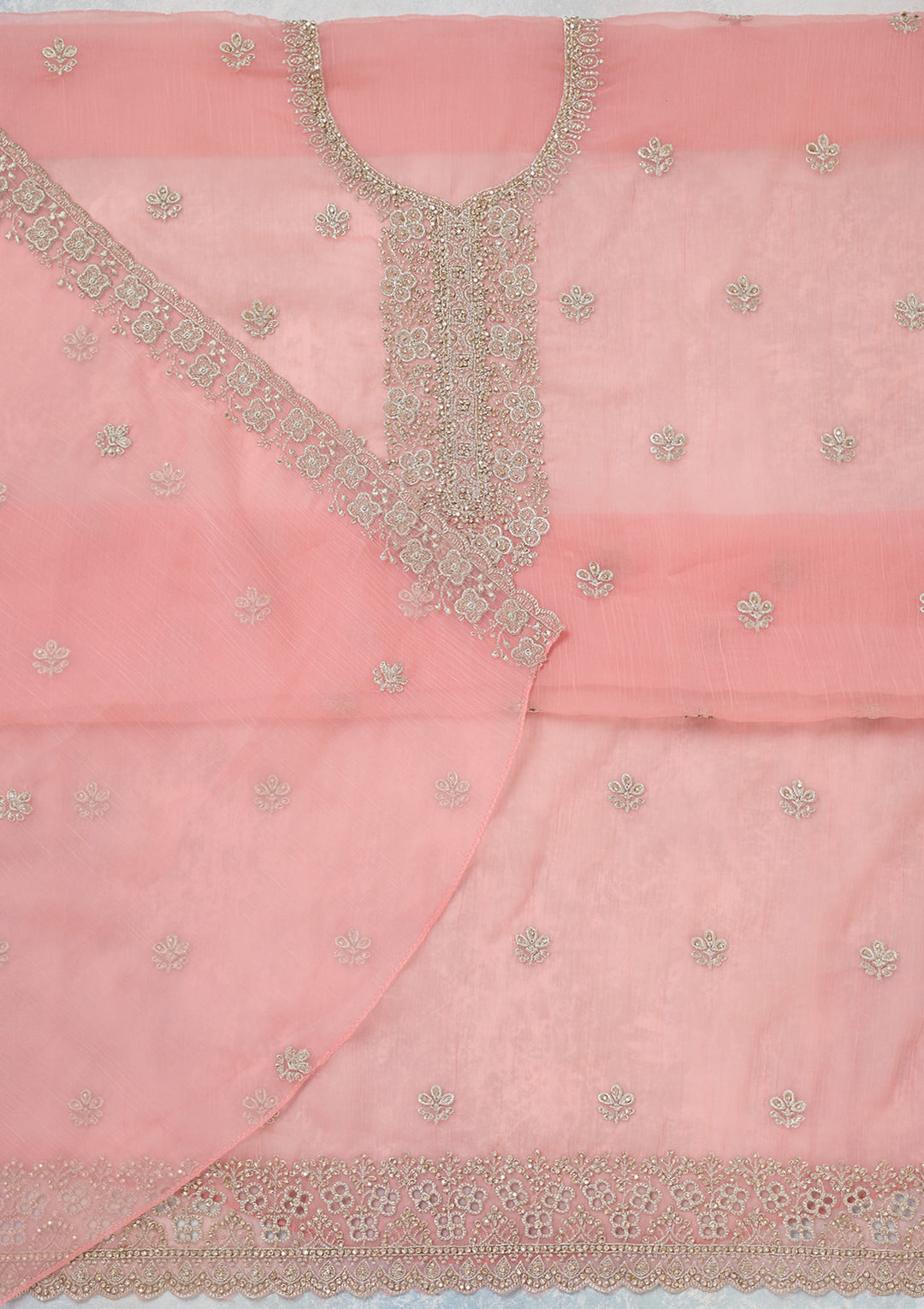 Pink Chinon Gold Zariwork Unstitched Dress Material With Matching Bottom And Dupatta