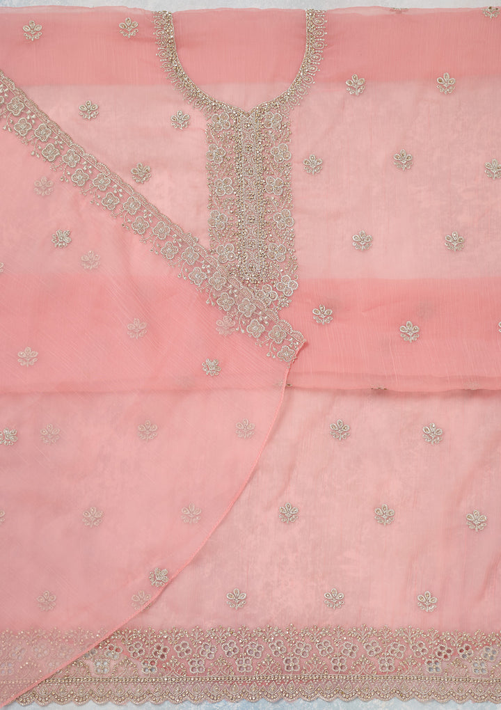Pink Chinon Gold Zariwork Unstitched Dress Material With Matching Bottom And Dupatta