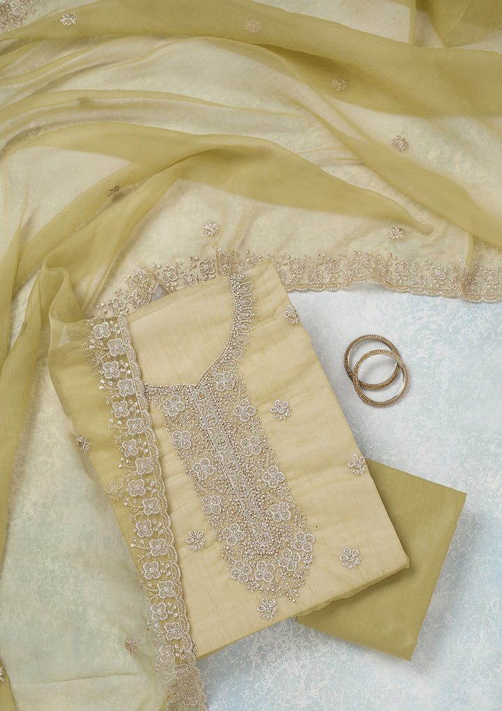 Pista Green Chinon Gold Zariwork Unstitched Dress Material With Matching Bottom And Dupatta