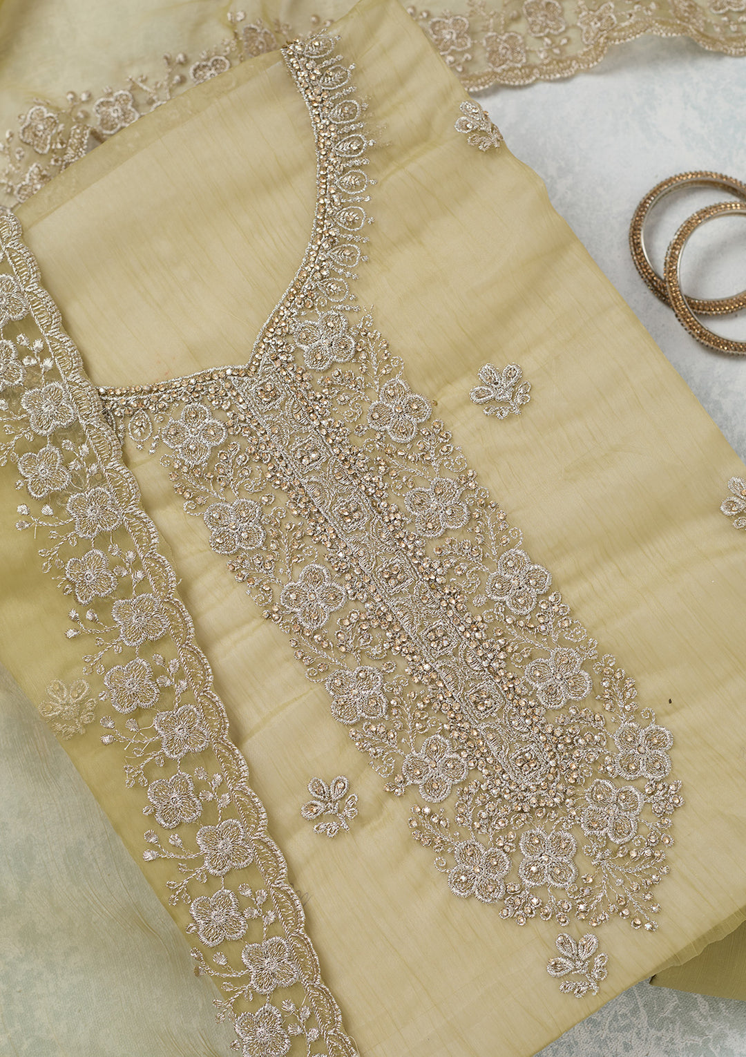 Pista Green Chinon Gold Zariwork Unstitched Dress Material With Matching Bottom And Dupatta