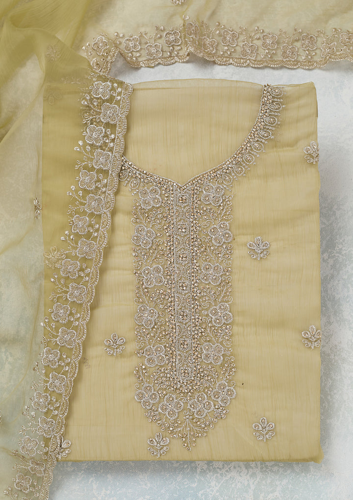 Pista Green Chinon Gold Zariwork Unstitched Dress Material With Matching Bottom And Dupatta