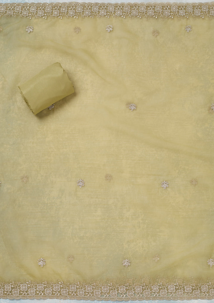 Pista Green Chinon Gold Zariwork Unstitched Dress Material With Matching Bottom And Dupatta