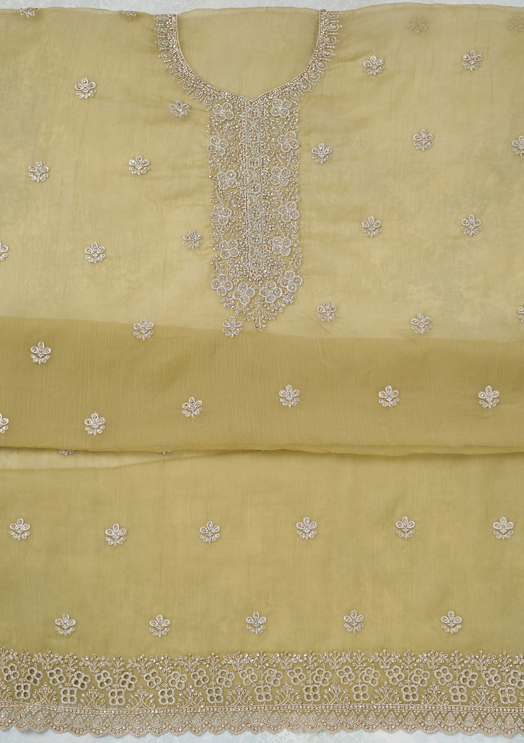 Pista Green Chinon Gold Zariwork Unstitched Dress Material With Matching Bottom And Dupatta