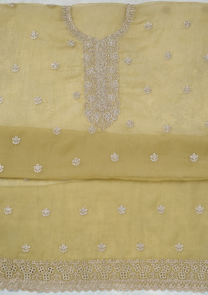 Pista Green Chinon Gold Zariwork Unstitched Dress Material With Matching Bottom And Dupatta