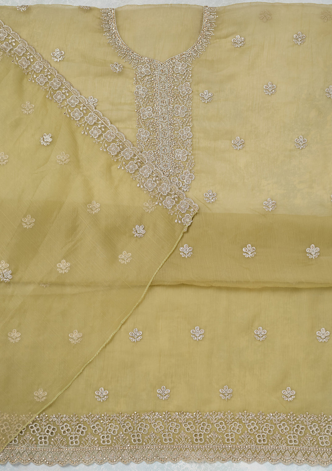 Pista Green Chinon Gold Zariwork Unstitched Dress Material With Matching Bottom And Dupatta